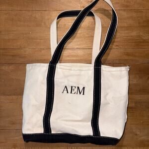 L.L. Bean Boat and Tote Canvas Bag Black Trim Open Top Long Handles Monogram AEM